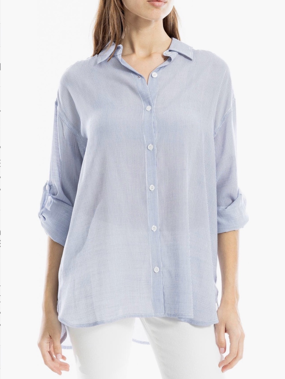 Max Studio Roll Tab Gauze Button-up Shirt